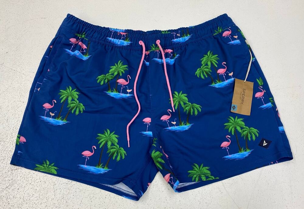 NEW Men Sperry flamingo palm tree floral graphic swim trunks board shorts XL